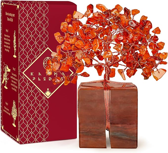 Crystal Tree for Birthday Gifts for Women, Handmade Raw Crystal Base Carnelian Chakra Healing Crystal Tree of Life for Positive Energy, Money, Good Luck, Christmas Décor, Home and Office Decor