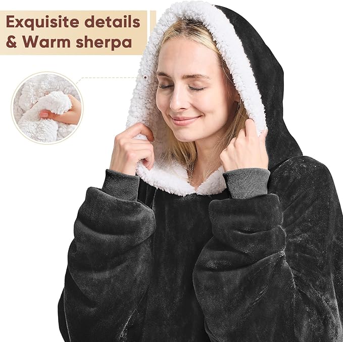 yescool Wearable Blanket Hoodie, Flannel Sherpa Fleece Blanket Sweatshirt for Adults Women Men,One Size Fits All