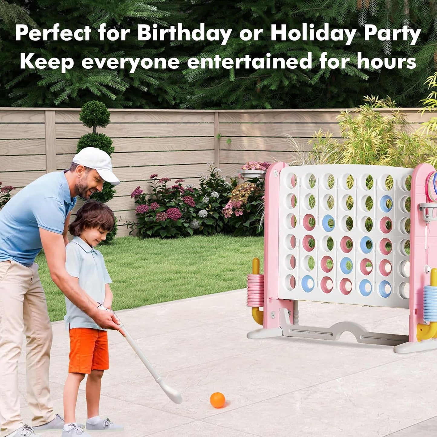 Giant 4 in a Row Connect Game with Mesh Fabric | Height Adjustable 4-in-1 Jumbo 4-to-Score Yard Game Set with Basketball, Golf & Ring Toss | Outdoor Indoor Family Party Game for Kids & Adults, Pink