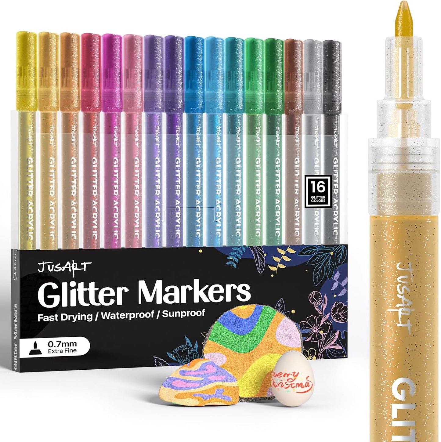 JusArt 16 Colors Glitter Markers, Glitter Paint Pens Sparkly and Shiny for DIY Card Making, Coloring, Scrapbooking, Glass, Wood, Stone, Fabric, Rock - 0.7mm Extra Fine Acrylic Paint Markers