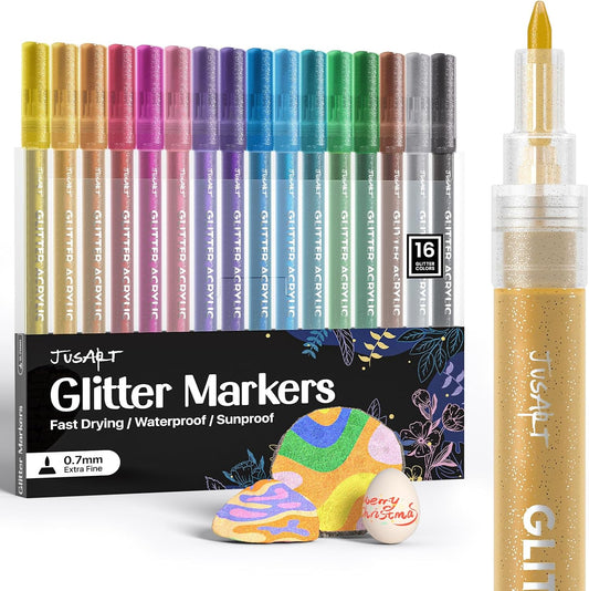 JusArt 16 Colors Glitter Markers, Glitter Paint Pens Sparkly and Shiny for DIY Card Making, Coloring, Scrapbooking, Glass, Wood, Stone, Fabric, Rock - 0.7mm Extra Fine Acrylic Paint Markers