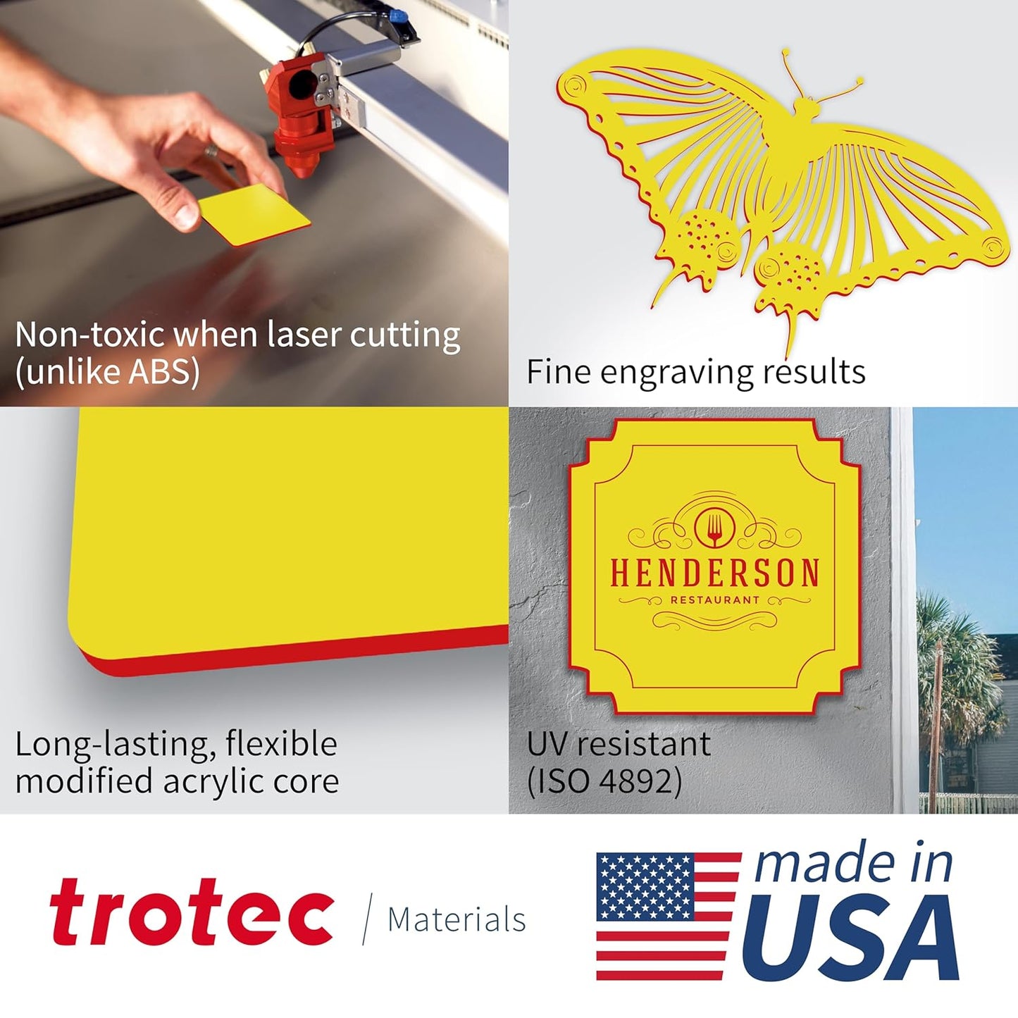 Trotec TroLase | 12"x24"x1/16", 4 Pcs | Yellow/Red | 2 Ply | Modified Acrylic | Laser Engraving Double Color Plastic Sheet | Engraving Blanks for Laser, Saw, Guillotine | Made in USA