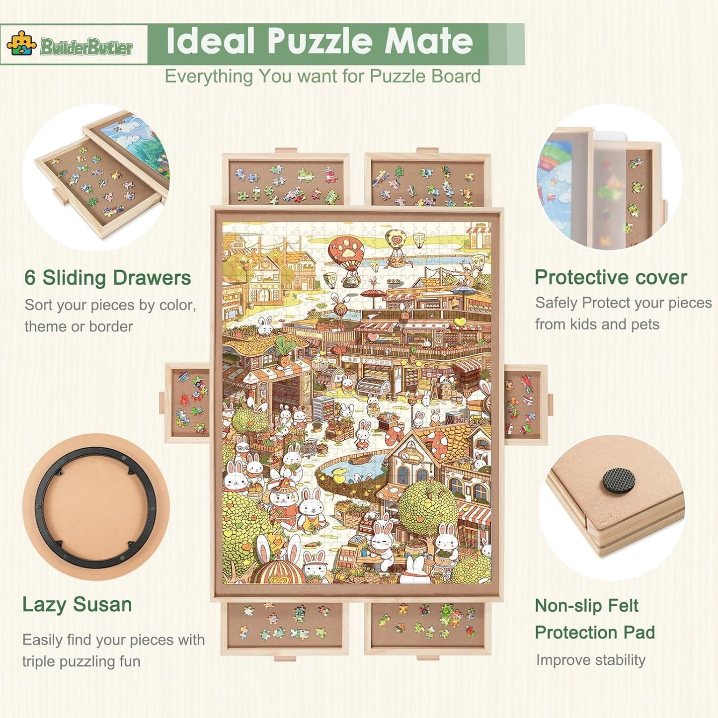 2000 Pieces Rotating Puzzle Board with 6 Drawers,40.16"x28.5" Portable Wooden Jigsaw Puzzle Table with Lazy Susan Spinning Cover for Adults
