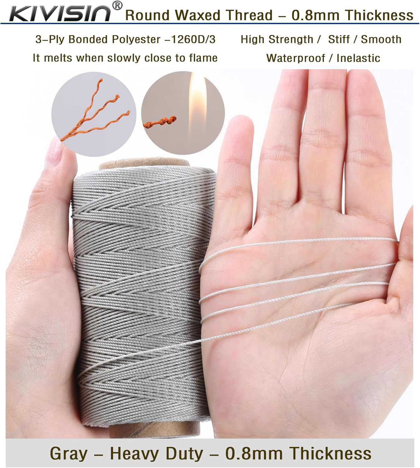 Bonded 0.8mm Round Waxed Polyester Cord, 3-ply Wax Coated Thread, 197 Yards Stiff String for Heavy Duty Fabric, Leather Sewing, Book Binding, Upholstery Repair, and Macrame Jewelry - Gray