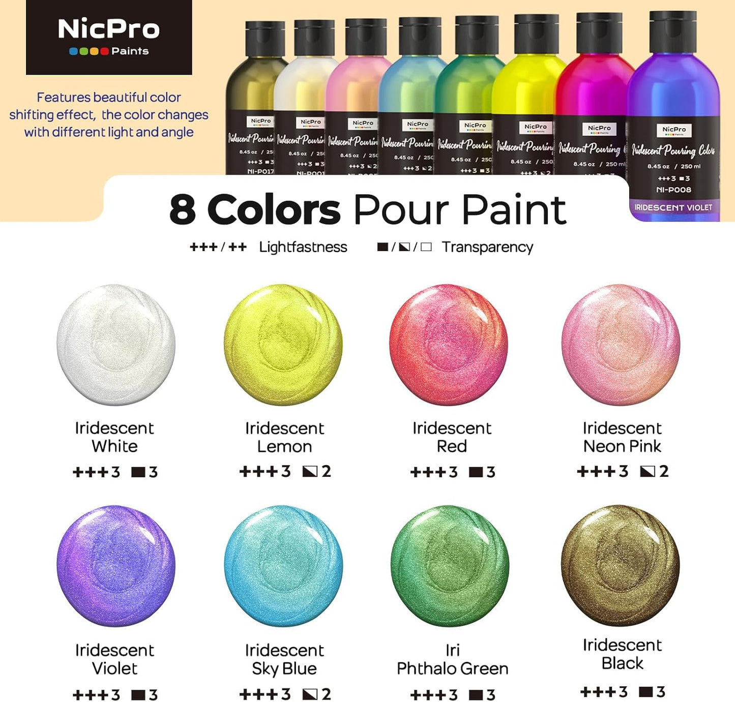 Nicpro 8 Colors Iridescent Metallic Acrylic Pour Paint Supplies Kit, 8.45oz Large Ready to Pour Premixed High Flow Pouring Paint Set with Silicone Pouring Oil, Gloves, Instructions for Beginner DIY