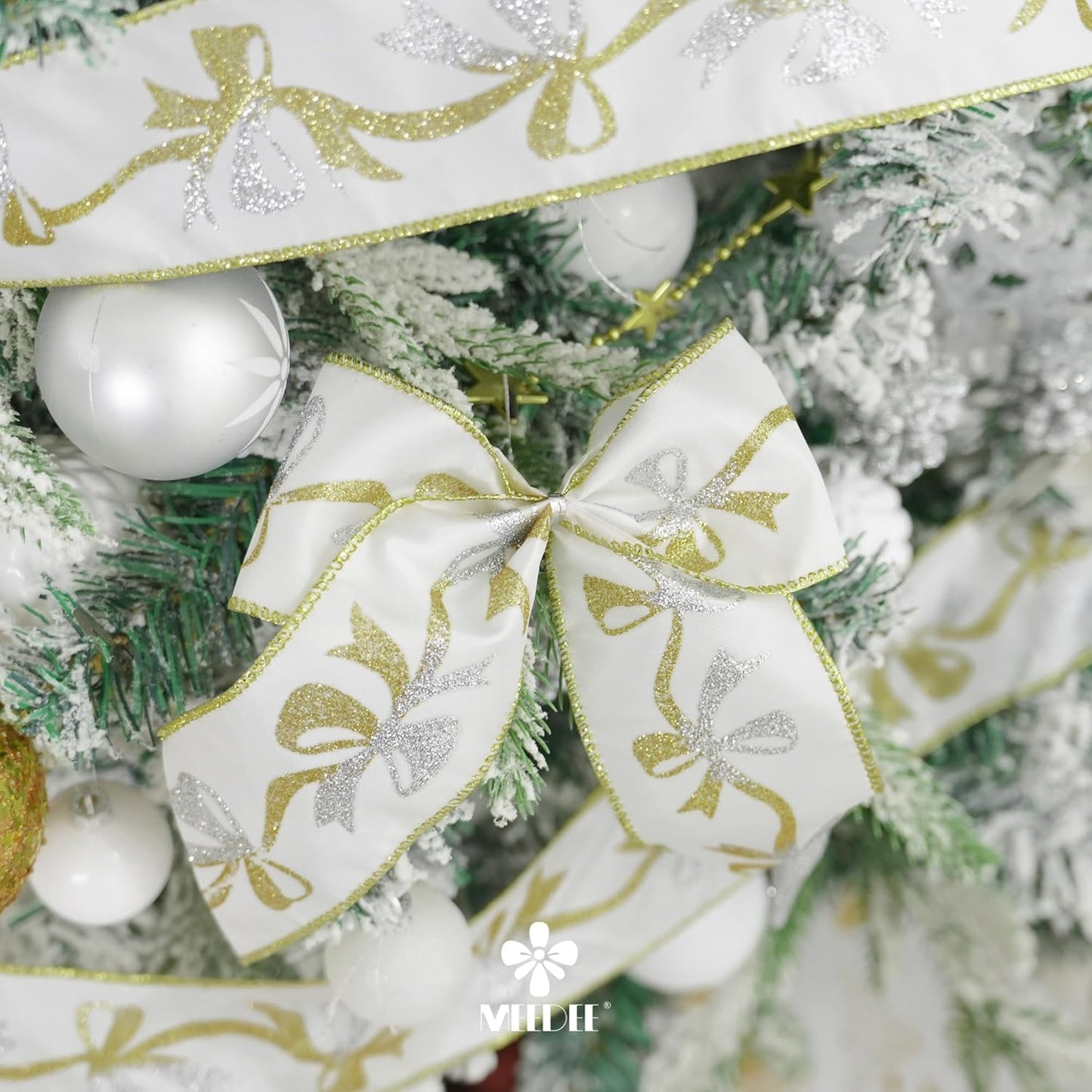MEEDEE Gold & Silver Christmas Ribbon - 2.5 Inch White Satin with Glittery Bows Pattern - 10 Yards Wired Ribbon for Tree, Garlands & Toppers