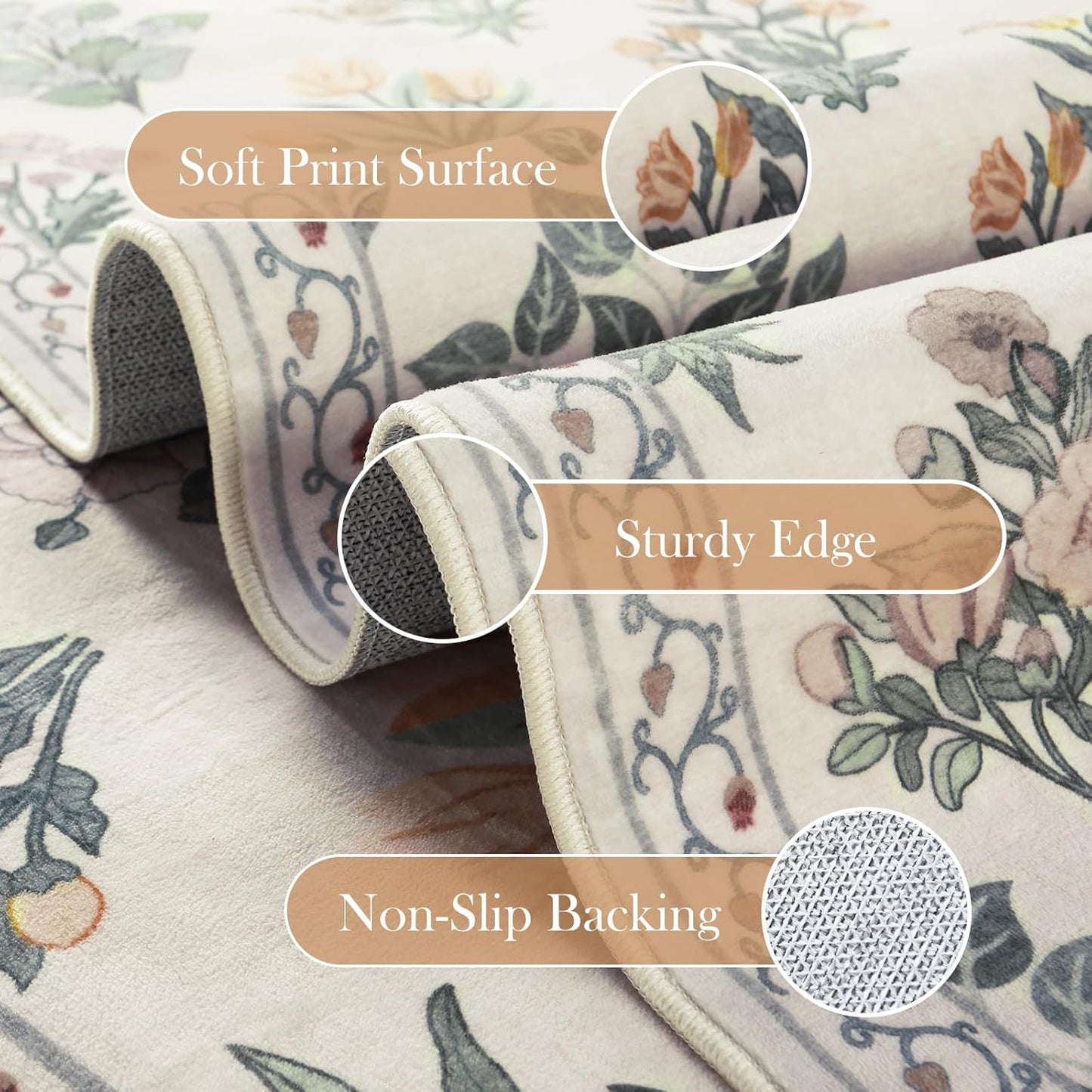 Wonnitar Floral Machine Washable 3x5 Rug, Small Area Rug for Kids Bedroom Nursery, Ultra-Thin Non Slip Soft Moroccan Throw Carpet for Dorm Living Room Large Entryway, Cream Beige