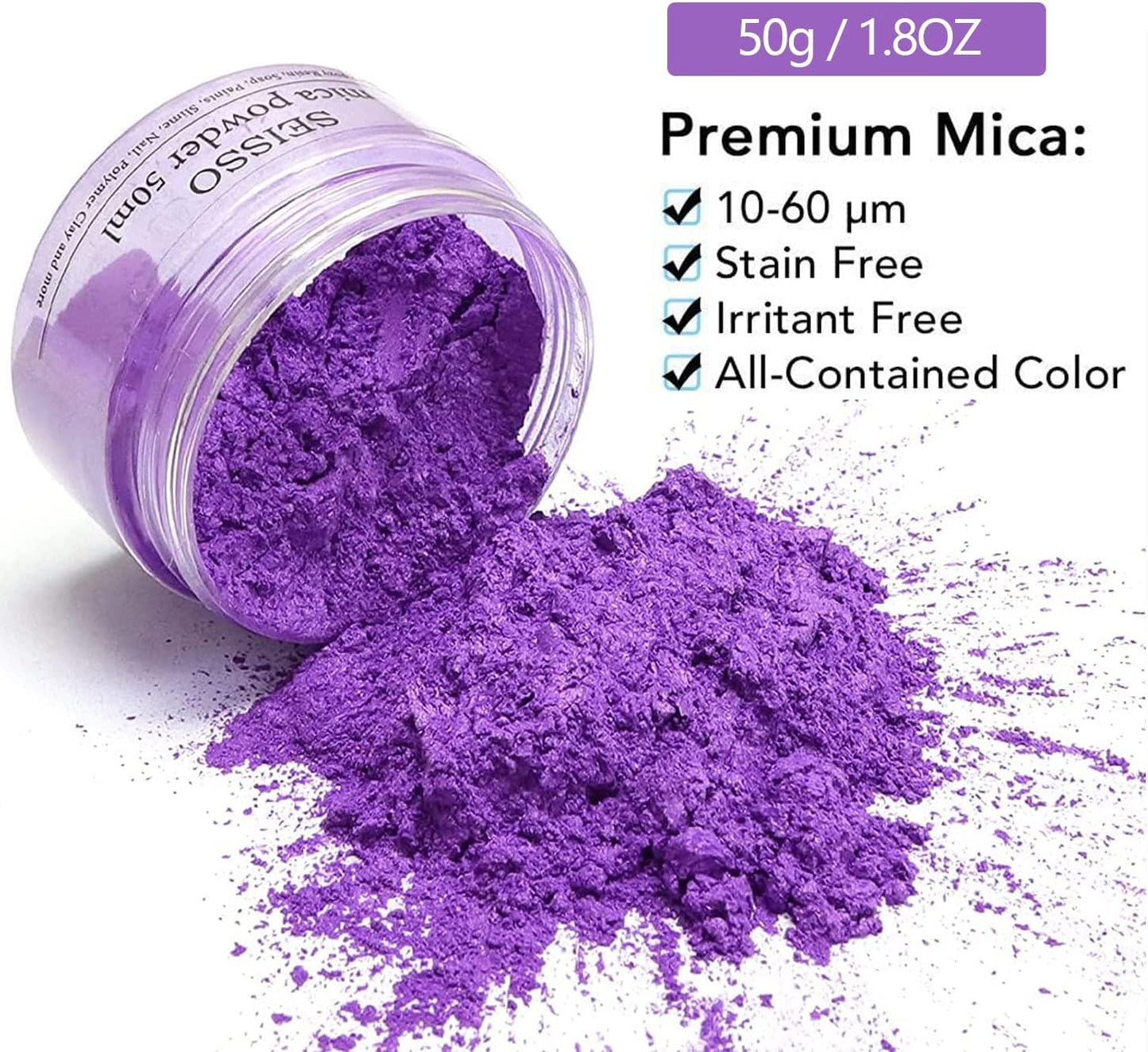 SEISSO Lavender Purple Mica Powder for Epoxy Resin 1.7 oz /50g Powdered Pigment for Soap Colorant Bath Bomb Dye, Cosmetic Grade for Lip Gloss, Acrylic Nails Polish, Craft Projects