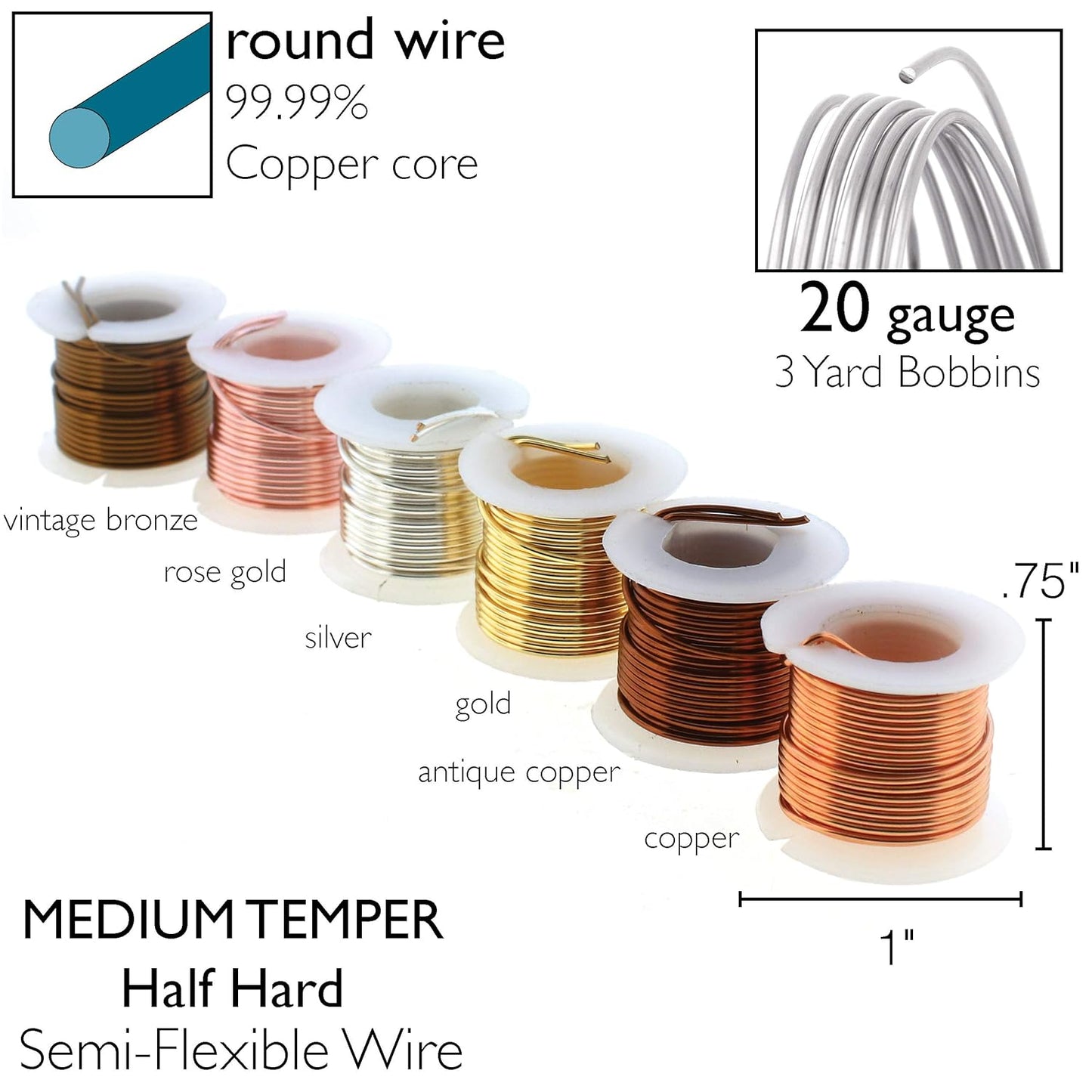 The Beadsmith Craft Wire Assortment - Tarnish-Resistant Copper Wire for Jewelry Making, 6-Pack, 0.75-Inch Mini Spools, 3 Yd Each, 20-Gauge, Assorted Colors, Medium Temper