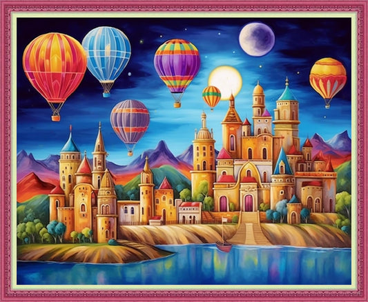 Disnesart Cross Stitch Stamped Full Embroidery Kits DIY 11CT Cotton Thread Printed DIY Needlepoint Kits Craft Needlework Set Cross-Stitch Stamped Sets-Rainbow Castle Hot Air Balloon 16x20 inch