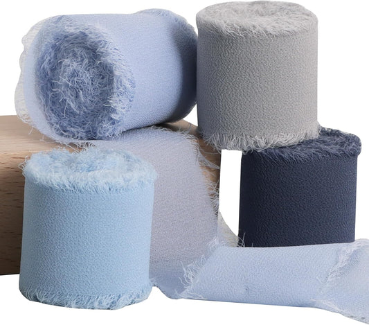 TONIFUL 4 Rolls Silk Chiffon Ribbon, 1-1/2 Inch x 22yds, Dusty Blue Chiffon Ribbons Set, Handmade Fringe Silk Ribbon for Gift Wrapping Bridal Bouquets Wedding Invitations Decoration Crafts
