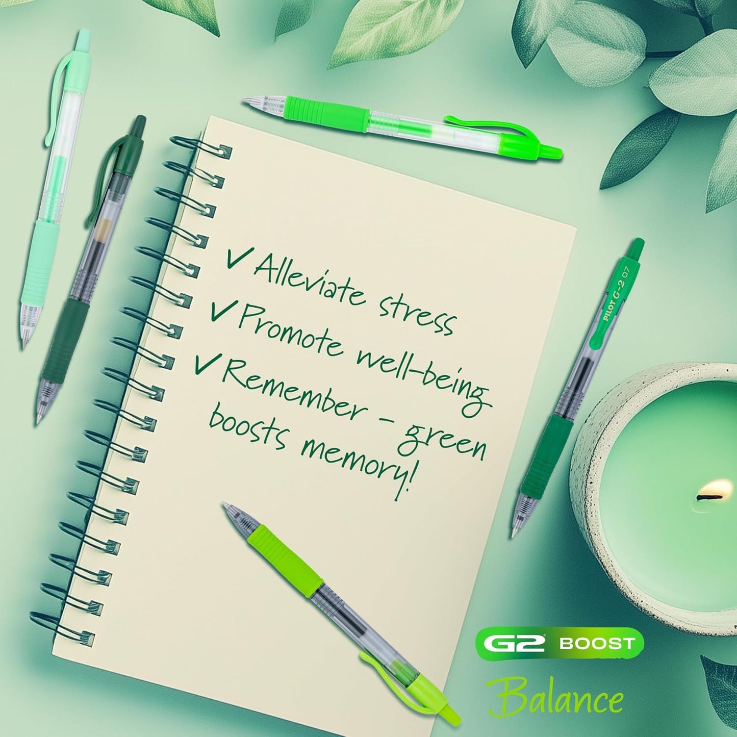 Pilot G2 Premium Gel Roller Pens, Fine Point Gel Pens, Boost Green Pack, The Colors of Balance, 8-Pack Pouch, 0.7 mm, Assorted - Ideal for School, Journaling, & Office Writing