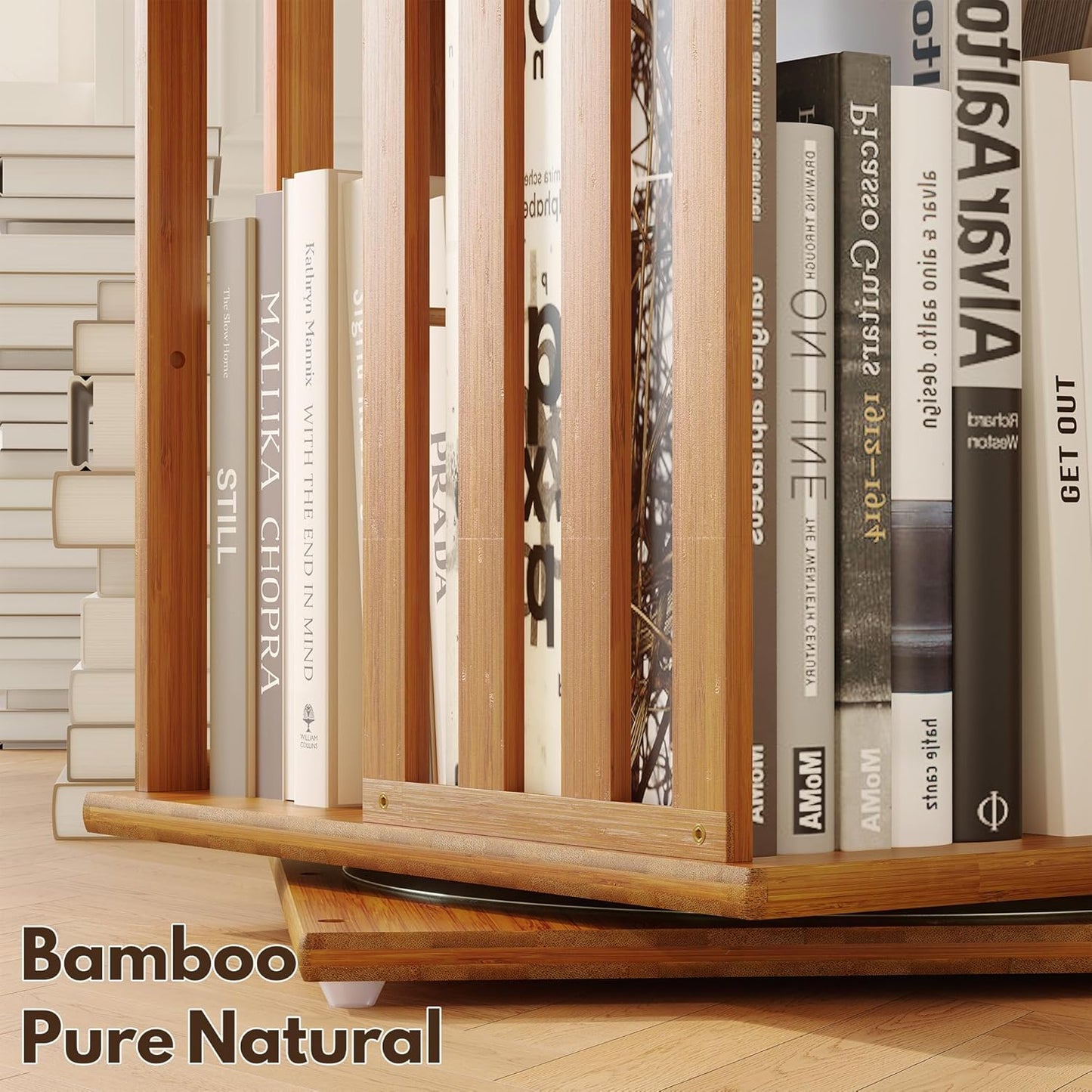 XIMN 360° Rotating Bamboo CD/DVD Shelf - 6-Tier Space-Saving Media Storage Cabinet for Movies, Organizer with Super Compact Design (Walnut, 4 Tier)