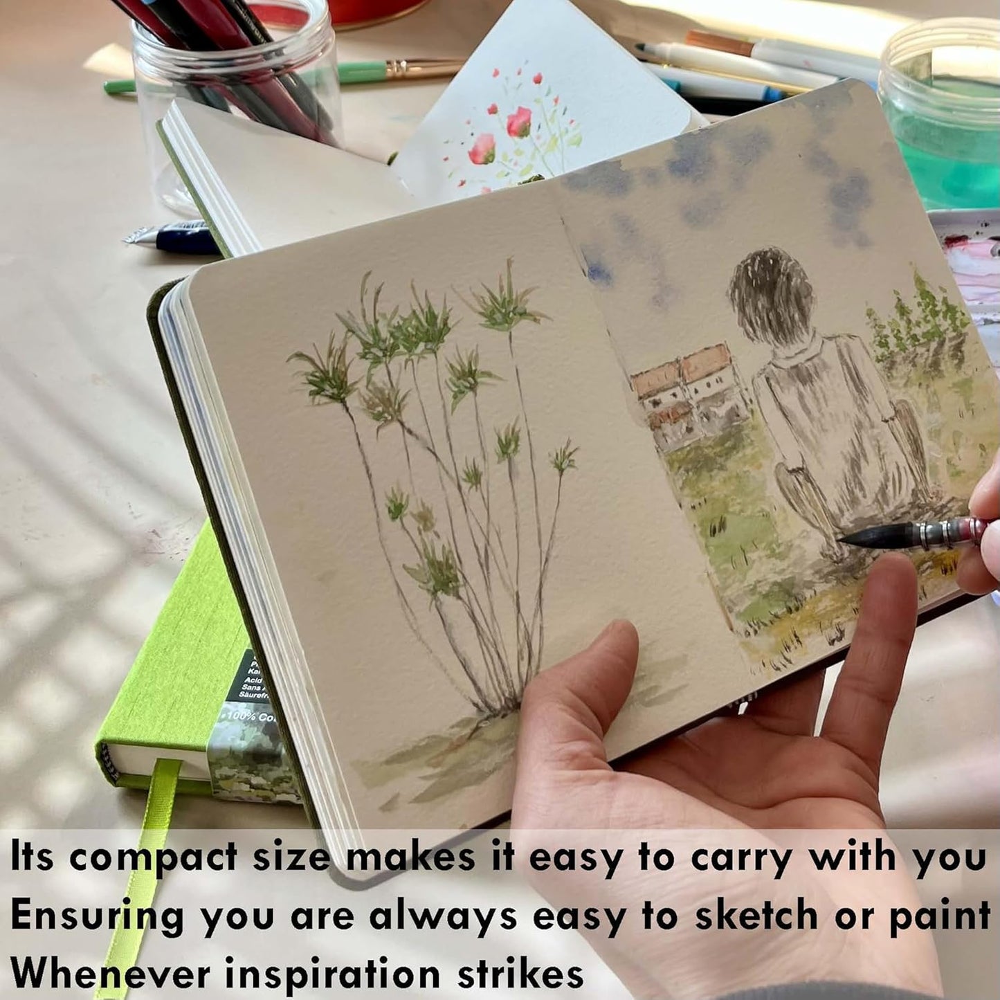 tumuarta Square Watercolor Sketchbook, 6x6”, 140 LB, 300GSM, 100% Cotton Paper, Cold Press, 24 Sheets,48 Pages, Plein Air Watercolor Journal For Use As Travel Sketch book and Mixed Media Pad On The Go