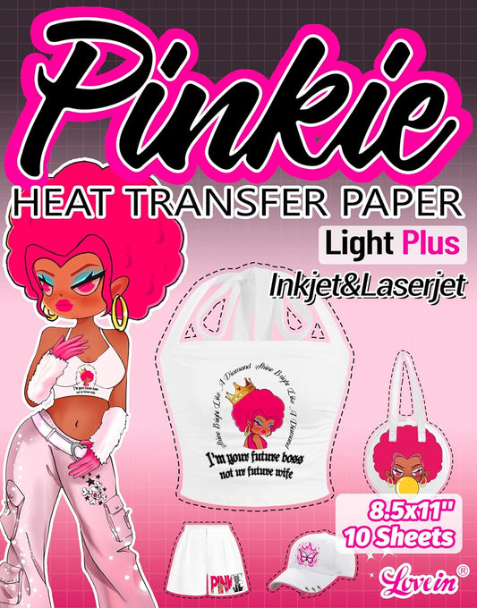 Lovein Pinkie Iron on Heat Transfer Paper for T Shirts (10 Sheets, 8.5x11'', Light Plus) Printable Heat Transfer Vinyl for Laserjet & Inkjet Printer Iron on Transfers Paper for Light Fabric (PK-L3-10)