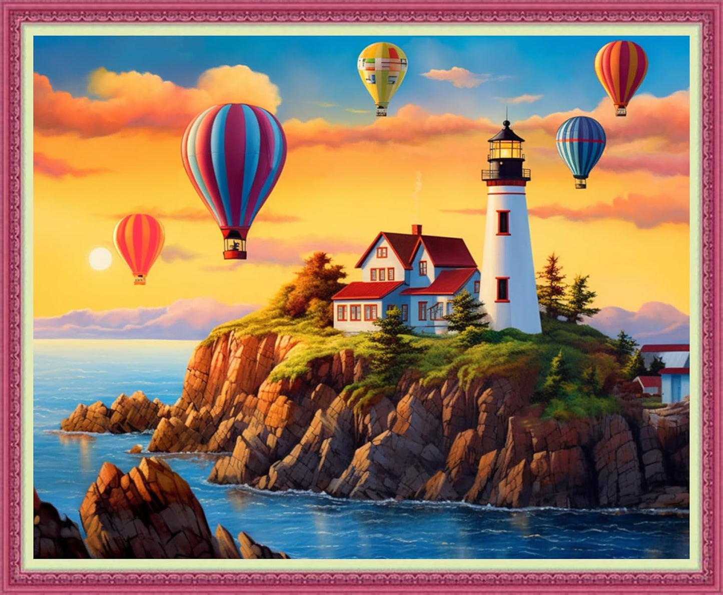 Disnesart Cross Stitch Stamped Full Embroidery Kits DIY 11CT Cotton Thread Printed DIY Needlepoint Kits Craft Needlework Set Cross-Stitch Stamped Sets-Seaside Lighthouse hot air Balloon 16x20 inch