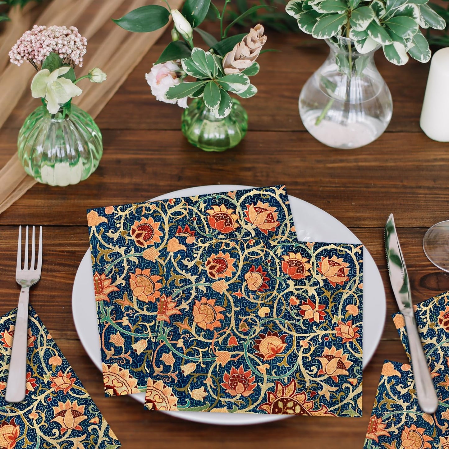 Quera 50 Pack William Morris Cocktail Napkins Vintage Floral Blue Paper Napkins Disposable Dessert Dinner Baby Shower Party Supplies Napkins Decorative -5 X 5 Inches