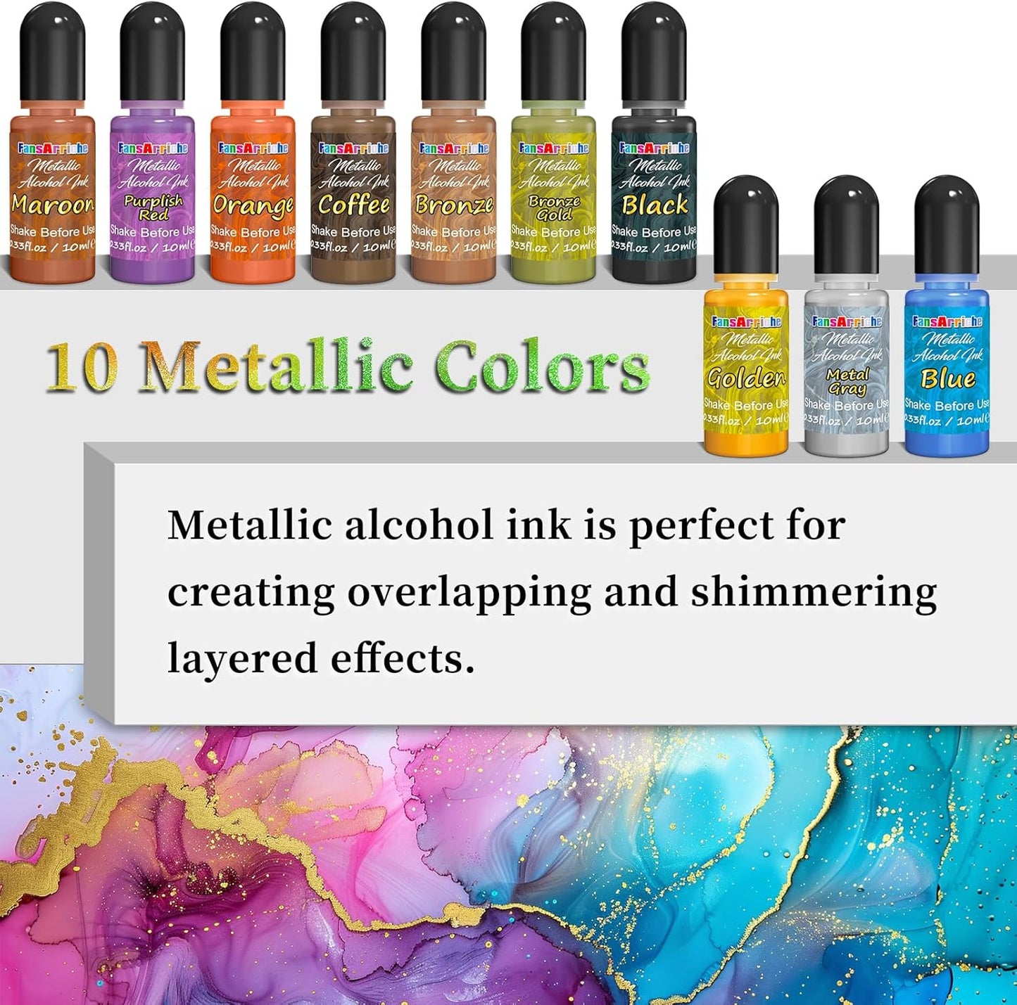 FansArriche Alcohol Inks for Resin, 32 Colors High Concentrated Alcohol Ink Set for Epoxy Resin, Alcohol-Based Resin Ink for Coasters, Fluid Painting Crafts, Tumbler Making, 10 ml Each