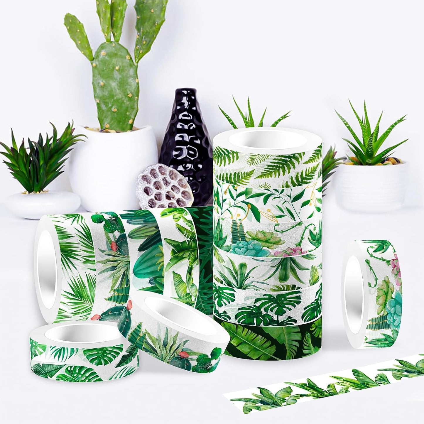 12 Rolls Greenery Washi Tape Set, Summer Tropical Leaves Masking Tape, Green Plants Cactus Succulents Decorative Tape Sticker for Scrapbook Journal DIY Craft Gift Wrapping 16.4FT