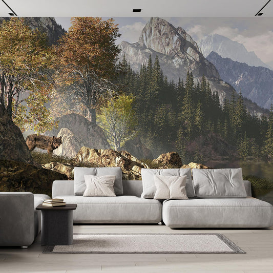 wall26 - Wolf Near a Lake in a Rocky Mountain Landscape. - Removable Wall Mural | Self-Adhesive Large Wallpaper - 100x144 inches