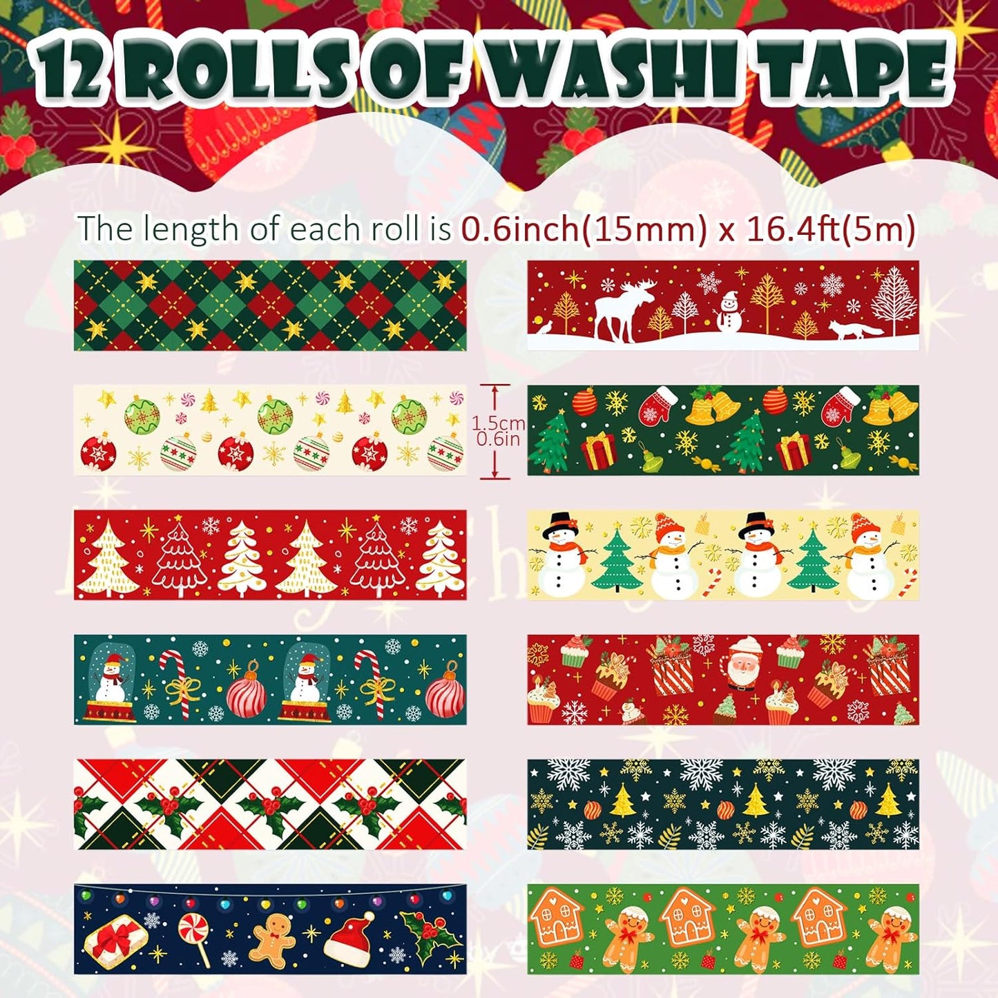 12 Rolls Christmas Washi Tapes Christmas Tree Snowman Snowflakes Gingerbread Man Masking Tape Red Green Gold Foil Xmas Decorative Tape for Xmas Scrapbook Journal Gift Wrapping DIY Crafts 16.4FT