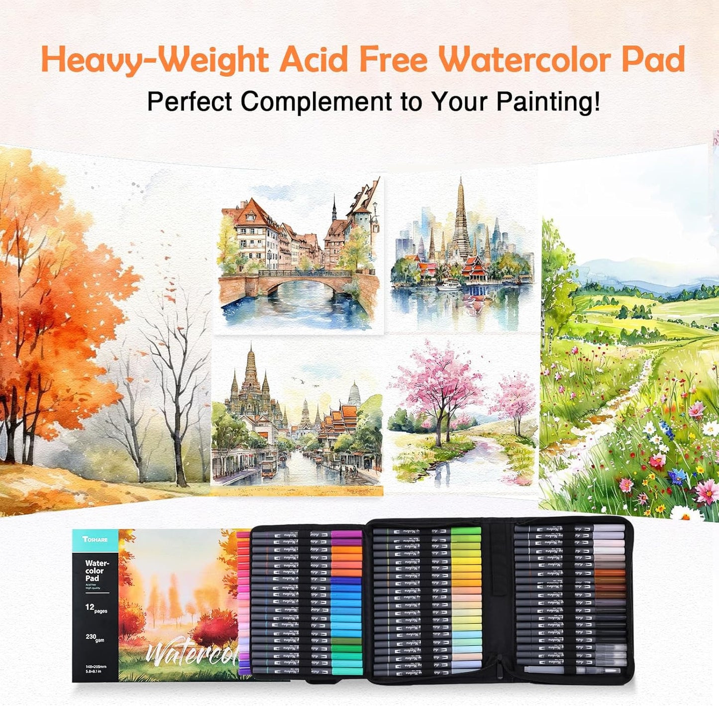 Watercolor Pens Set, 72-Color Dual Tip Paint Markers, Water-Based Coloring Pens with 1 Aquapen, 3 Colorless Blenders, 2 Black Markers, and 12-Page Pad, Art Supplies for Artists and Beginners