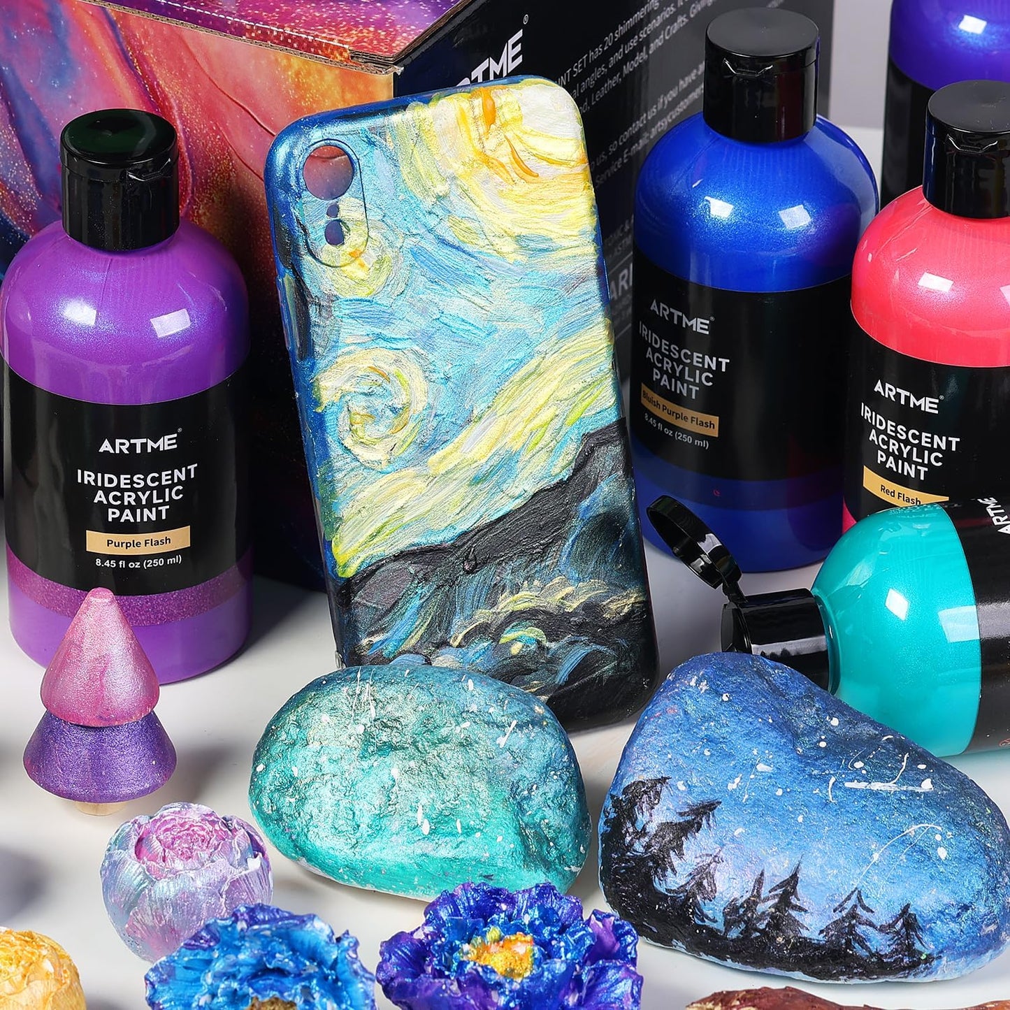 ARTME Iridescent Acrylic Paint Set, 20 Chameleon Colors in 8.45 oz/250ml Bottles, Large Bulk Color-shifting Acrylic Paint Perfect for Artists, Beginners on Canvas, Rocks, Wood, Fabric with Paint Knife