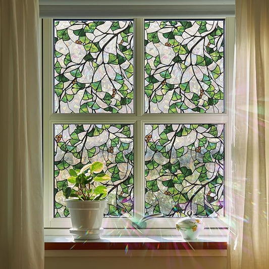 Rainbow Window Privacy Film Stained Glass Handmade Design for Bathroom, Ginkgo Leaves, 118.11'' x 20.87''