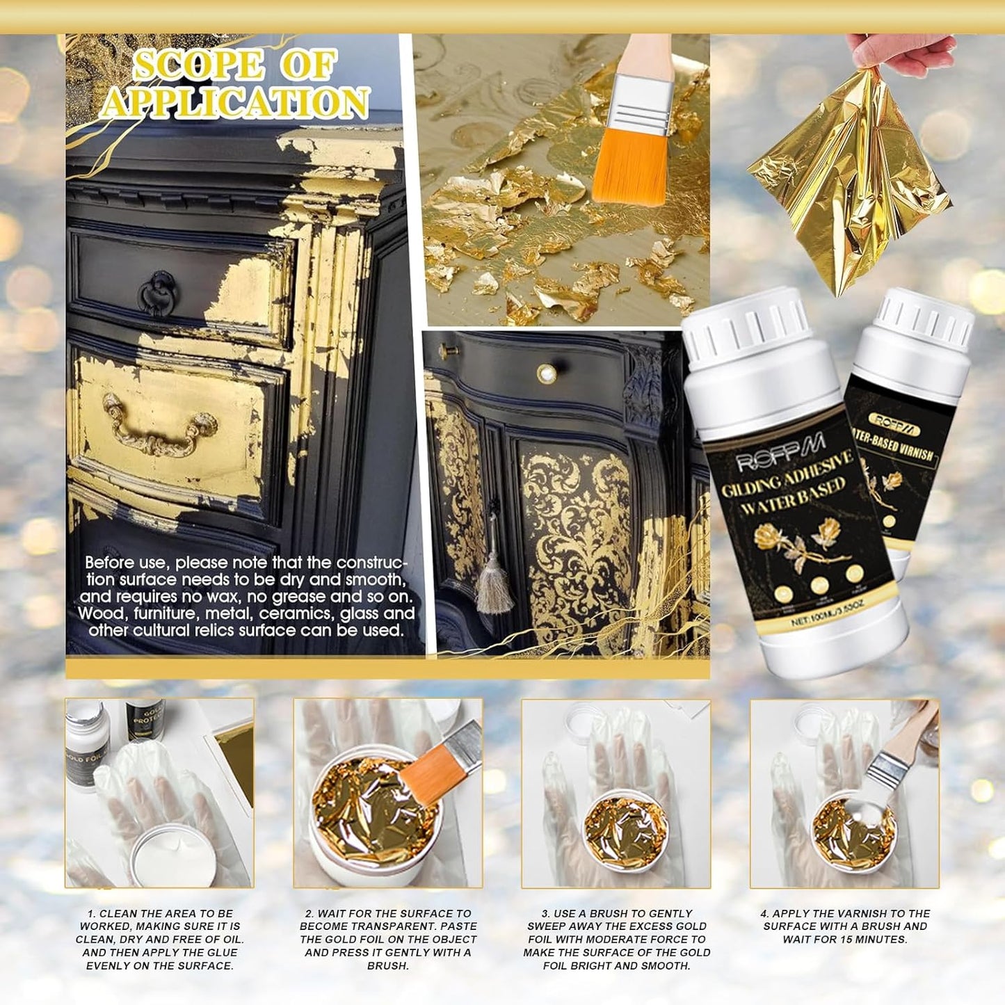 Gilding Adhesive Set Gold Leaf Sheets for Art 100ml Water Based Metal Leaf Glue and 100ml Varnish, Gold Foil Sheets for Crafts 100 pcs, 2 Brushes and 1 Sheet Tweezers