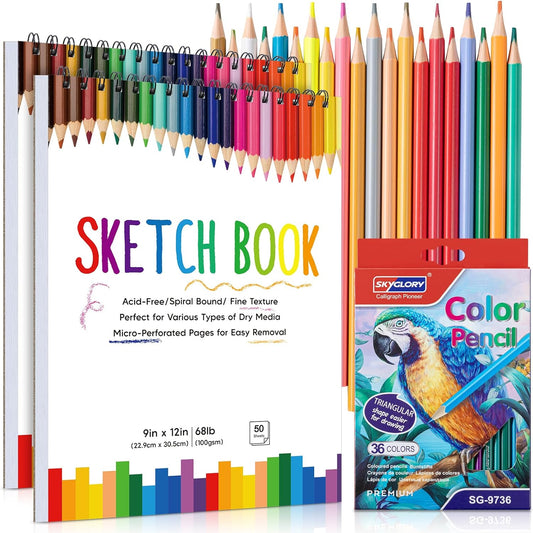 2 Pack Sketch Book with 36 Color Pencil Set, Spiral Kids Sketchbook for Drawing (68lb/100gsm), Acid-Free Sketch Pad for Kids Artist, Art Paper Drawing Supplies for Gifts (9×12 inch)