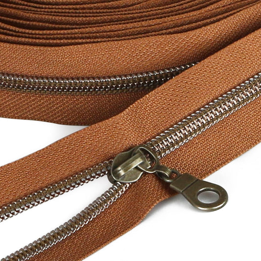 Sawoake 10 Yards Bulk Zipper(#5), Brown Nylon Coil Zipper with Rose Gold Teeth by The Yards, Replacement Sewing Zipper with 10PCS Zipper Sliders for DIY Sewing Craft Bags(#5 AntiqueBrass Brown)