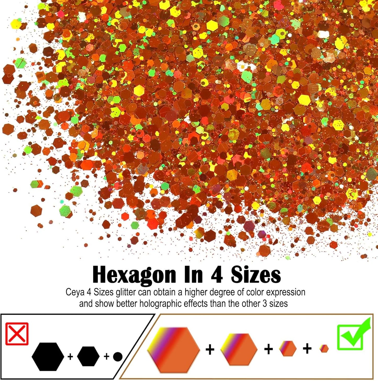 Ceya Holographic Chunky Glitter, 4.9oz/ 140g Orange Craft Fall Glitter Powder Mixed Chunky & Fine Flakes Iridescent Sequins for Pumpkin,Nail Art, Hair, Epoxy Resin, Tumblers, Slime, Festival Decor