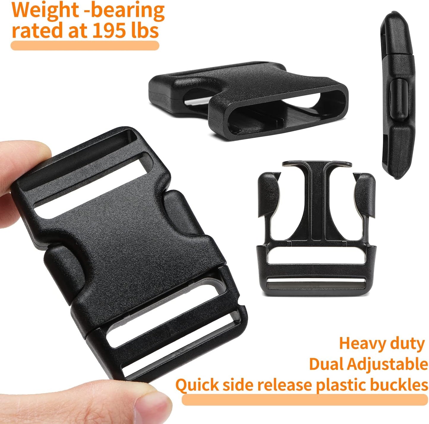 Heavy-Duty Buckles and Strap Set 1-1/2": 6 Yards of Thick Nylon Webbing, 6-Pack Adjustable Quick Side Release Plastic Buckles, 12 Tri-Glide Slide Clips, Black (1-1/2" Combo Set)