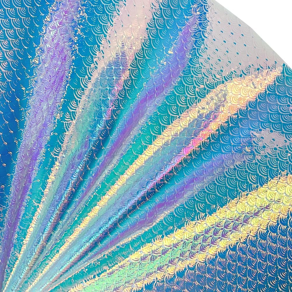 ONEART | Iridescent Transparent Embossed Vinyl Holographic Blue Clear PVC Vinyl Craft Film 16"×54" for Sewing DIY Projects-Conch