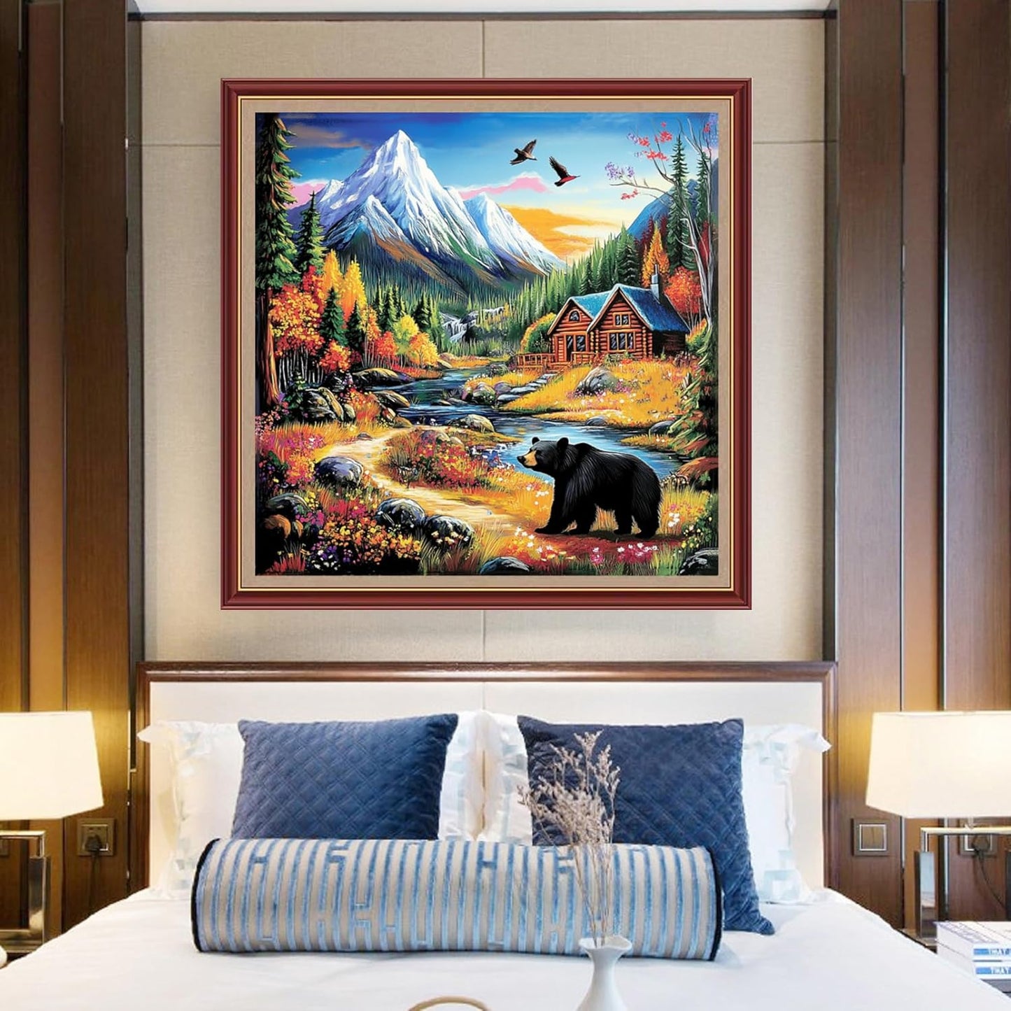 DMCXART Counted Cross Stitch Kits for Adults Needlepoint Kits Unprinted Cross Stitching Embroidery Kit 11CT Cross Stitch Supplies-Homeland Landscape Bear 18x18 inch