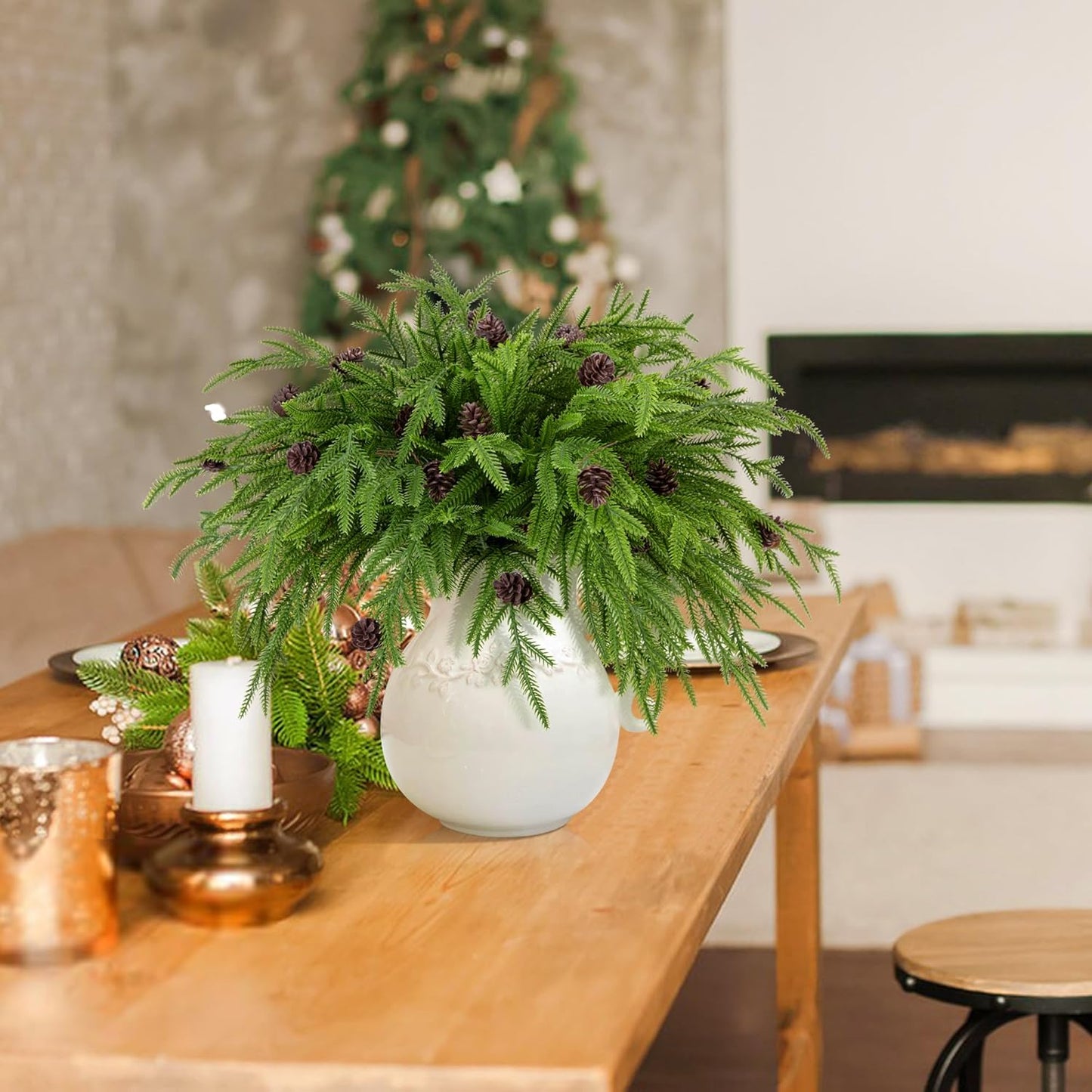 Watayo 15 Pcs Christmas Norfolk Pine Branches with Pine Cones, 19" Extra Length Fake Greenery Norfolk Pine Stems Sprigs, Artificial Xmas Branches Plants Pine Leaves for DIY Craft Garland Home Decor