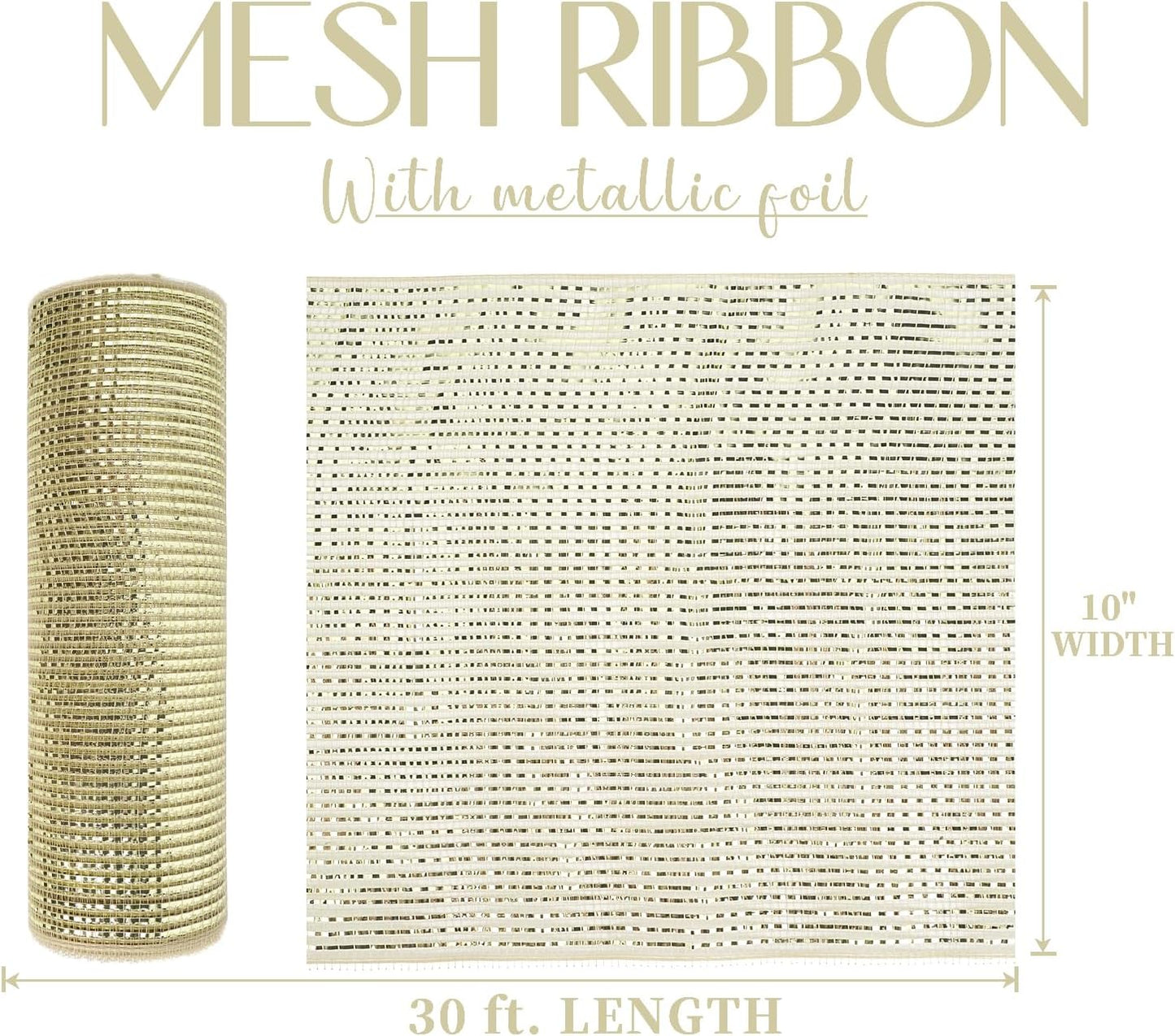 MEEDEE Champagne Deco Mesh 10 Inch Deluxe Wide Foil Metallic Mesh Premium Decorative Mesh Champagne Gold Mesh Ribbon for Christmas Tree, Wreaths, Garland, Gift Wrapping, Bows Making (30 Feet)