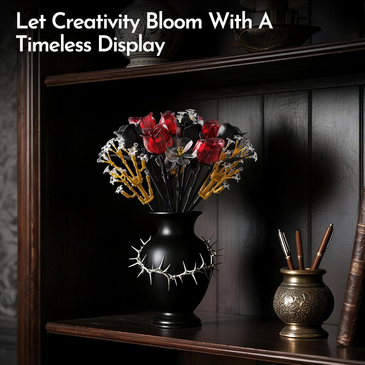 Rose Flower Bouquet Building Set for Adults, Halloween for Women Teen Girlfriend, Artificial Floral Botanicals Collection Gothic Decor for Home or Office (414 PCS)