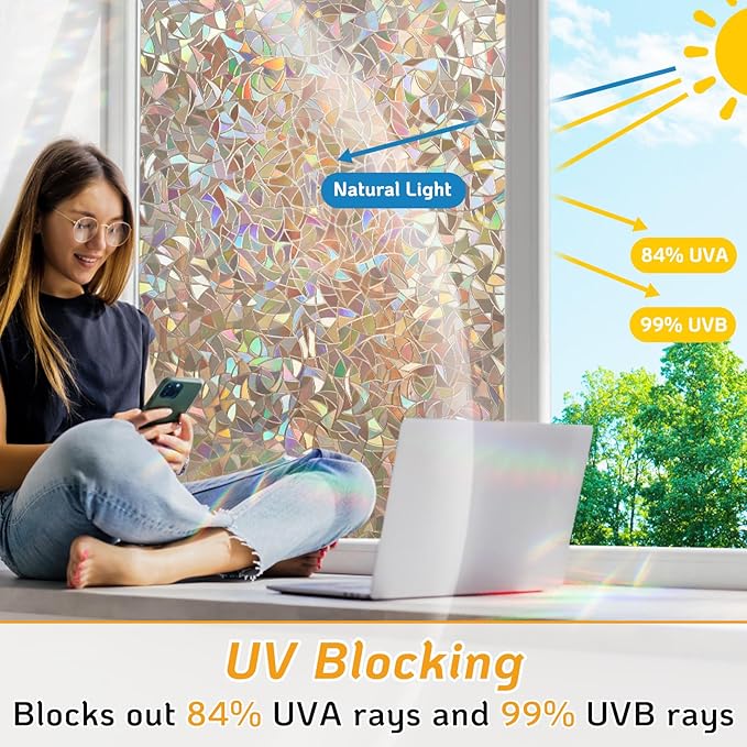 LUTE Window Privacy Film, Rainbow Window Flim, 3D Decorative Stained Glass Cling, Non-Adhesive Vinyl Static Cling Removable Glass Sticker, Sun UV Blocking Covering for Home, Brown, 35.4 x 78.7 inches