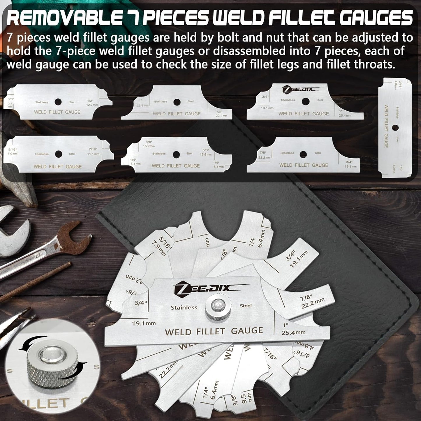 ZeeDix Metal Fillet Weld Gauge Set, Stainless Steel Welding Inspection Gauge Tool(1/8" - 1") Ulnar Metric & Inch