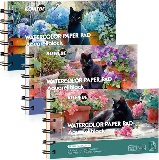 KOVIEDE 100% Cotton Watercolor Paper Pad - 30 Sheets 3.5"x5.5" Spiral Bound 140lb/300gsm Cold Press Watercolor Sketchbook, Artist Quality Art Journal Supplies for Adults, Kids & Beginners