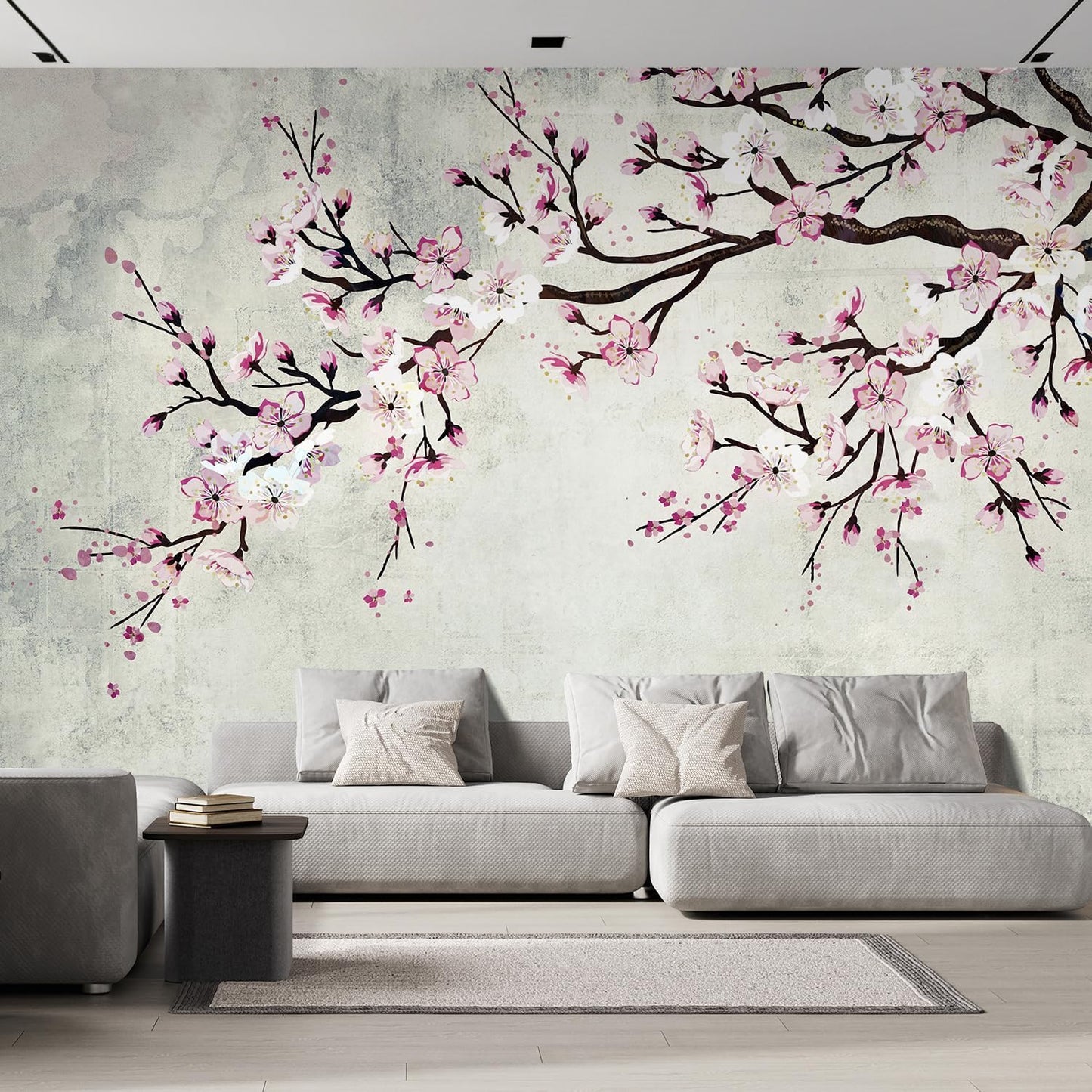 wall26 Large Wall Mural Watercolor Style Ink Painting Pink Cherry Blossom on Vintage Wall Background | Self-Adhesive Vinyl Wallpaper/Removable Modern Wall Decor - 120x192 inches