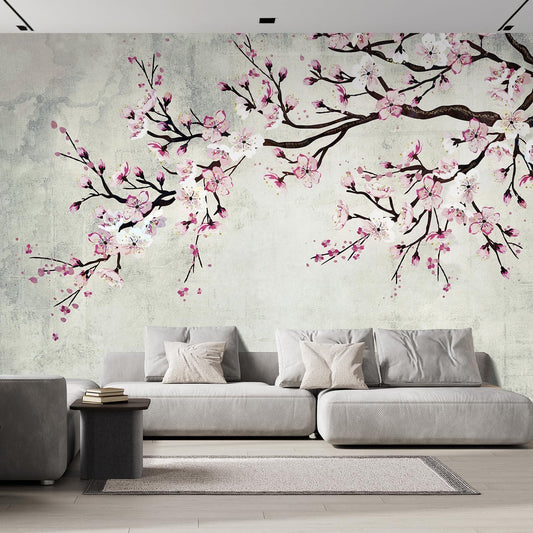 wall26 Large Wall Mural Watercolor Style Ink Painting Pink Cherry Blossom on Vintage Wall Background | Self-Adhesive Vinyl Wallpaper/Removable Modern Wall Decor - 108x120 inches