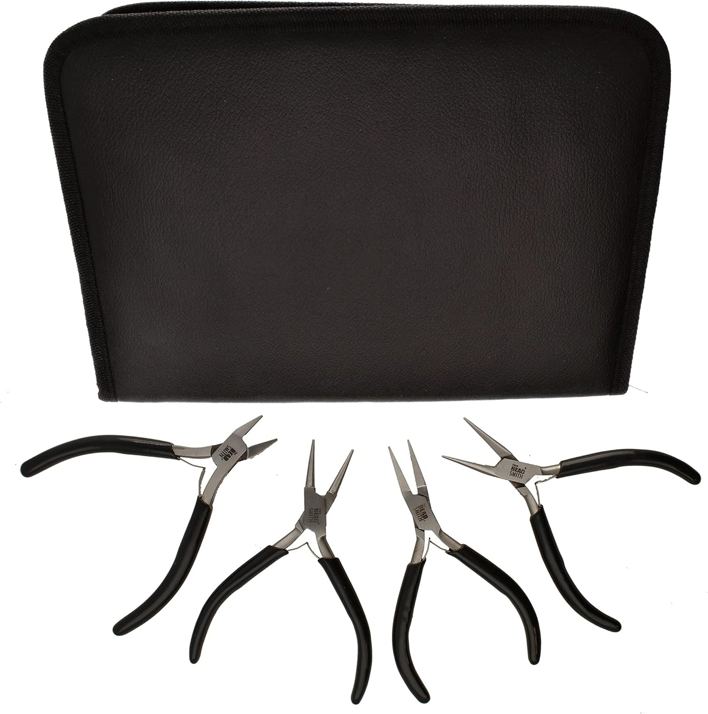 The Beadsmith Slim Line Pliers Set – Extra Fine Tips – 4.5 Inches, 4-Pieces: Round Nose, Chain Nose, Flat Nose & Semi-flush Side Cutter – Leatherette Carrying Case Included – Tools for Jewelry Making