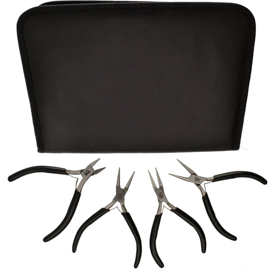 The Beadsmith Slim Line Pliers Set – Extra Fine Tips – 4.5 Inches, 4-Pieces: Round Nose, Chain Nose, Flat Nose & Semi-flush Side Cutter – Leatherette Carrying Case Included – Tools for Jewelry Making