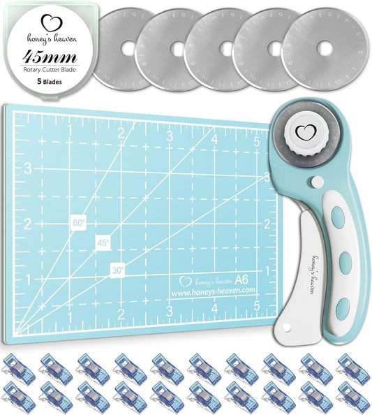 Rotary Cutter Set - Quilting Kit incl. 45mm Fabric Cutter, 5 Replacement Blades, A6 Cutting Mat and Craft Clips - Ideal for Crafting, Sewing, Patchworking, Crochet & Knitting (Turquoise, A6)