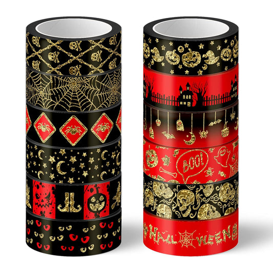 Whaline 12 Rolls Halloween Washi Tapes Red Black Foil Gold Decorative Tapes Skull Spider Web Pumpkin Pattern Masking Tapes for Halloween Scary Scrapbook Journal DIY Craft Gift Wrapping, 9.8Ft
