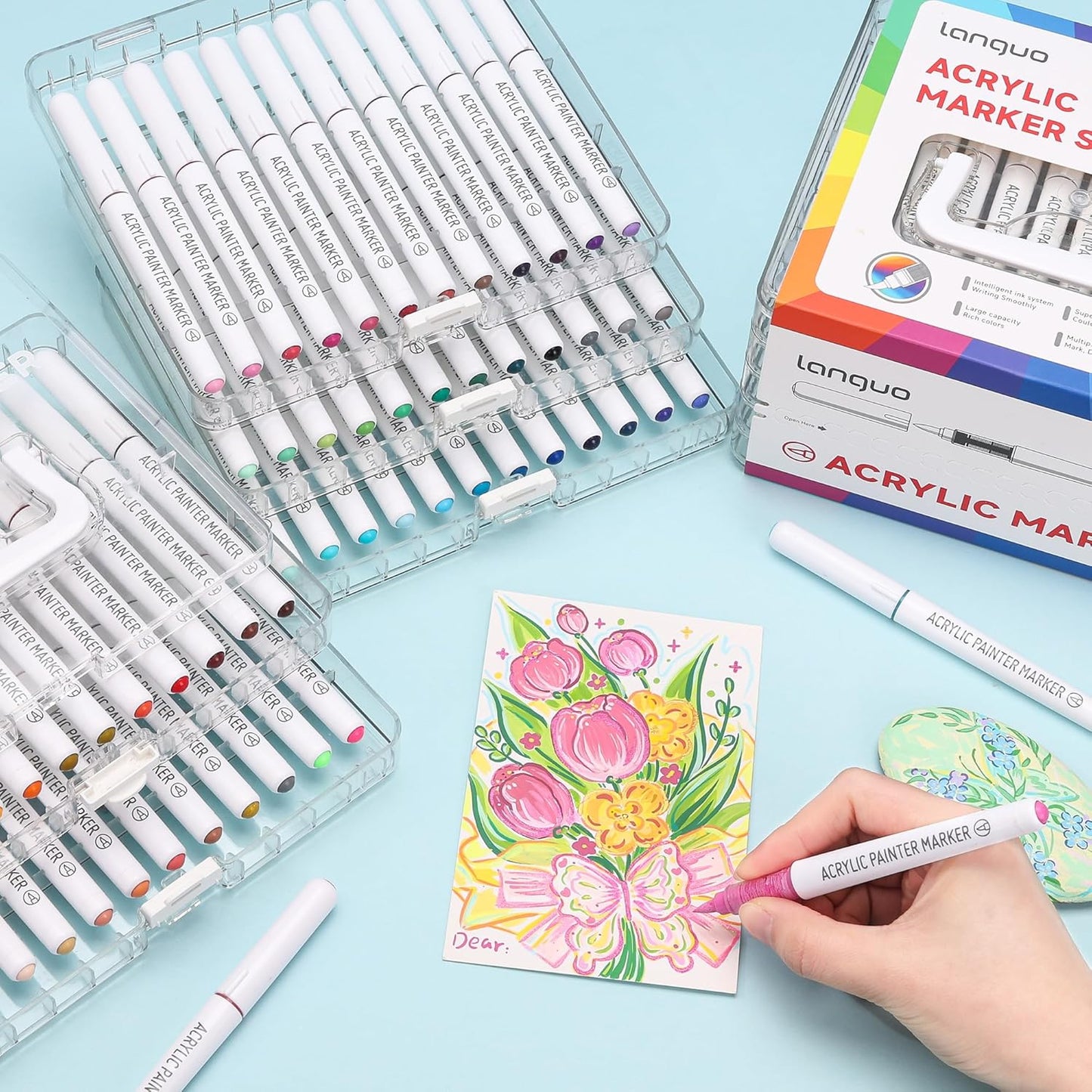 60 Colors Acrylic Paint Markers Pens Set, Soft Brush Tip Markers with Fast Drying & No-Bleed Ink, Acrylic Paint Pens for Rock, Wood, Egg, Ceramic, Fabric Painting, Art Supplies and DIY Crafts