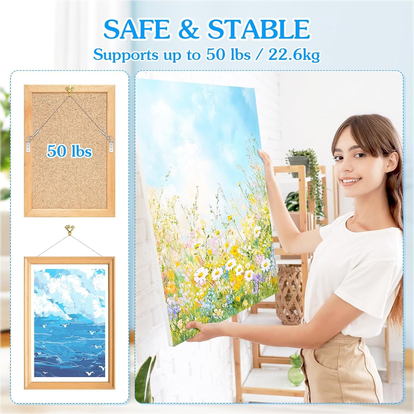 2 Pack Picture Hanging Wire Kit, Heavy Duty Picture Wire Kit for Frames & Mirrors up to 50lbs, Includes Adjustable 2m Steel Wires, D Rings & Screws, Wall Hanging Kit for Home & Gallery Use