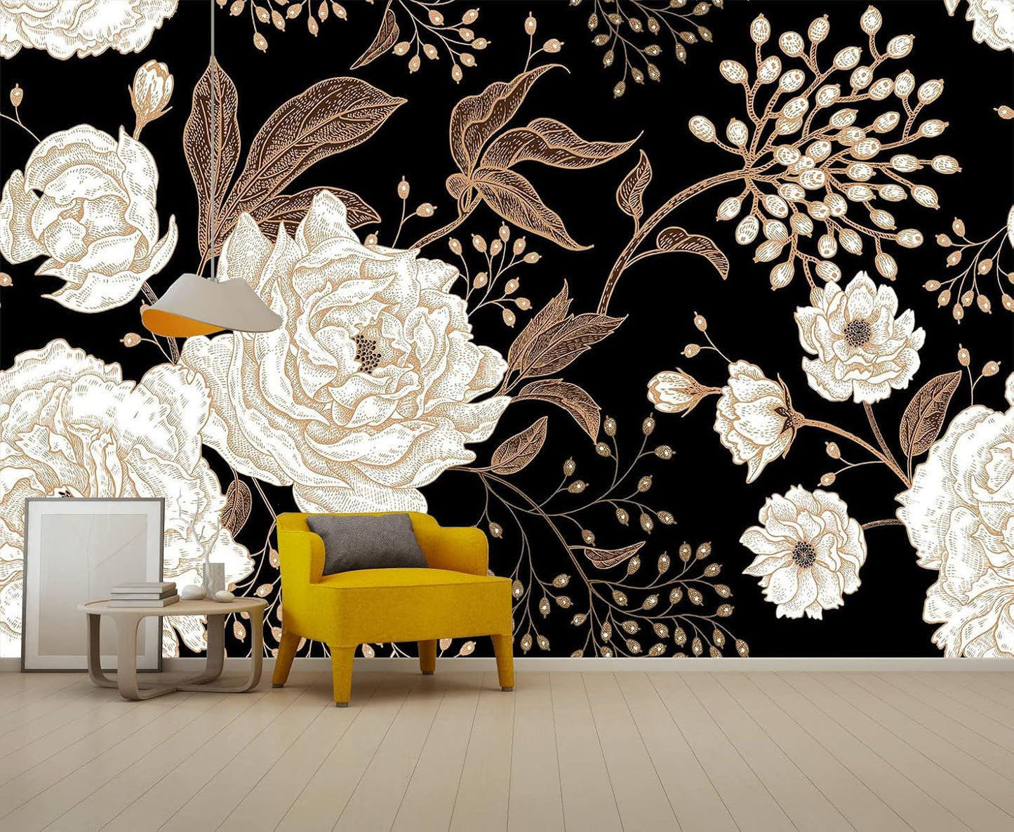 Wall Mural Peonies and Roses Floral Vintage Wallpaper Seamless Gold White Flowers Wall Coverings for Living Room Bedroom Kids Room（Not Peel and Stick）
